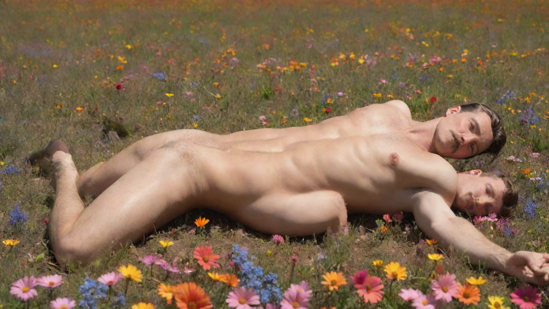 aiartstation art shirtless man lying floor in colorful meadow tom of finland style confident engaging wow 3 wide