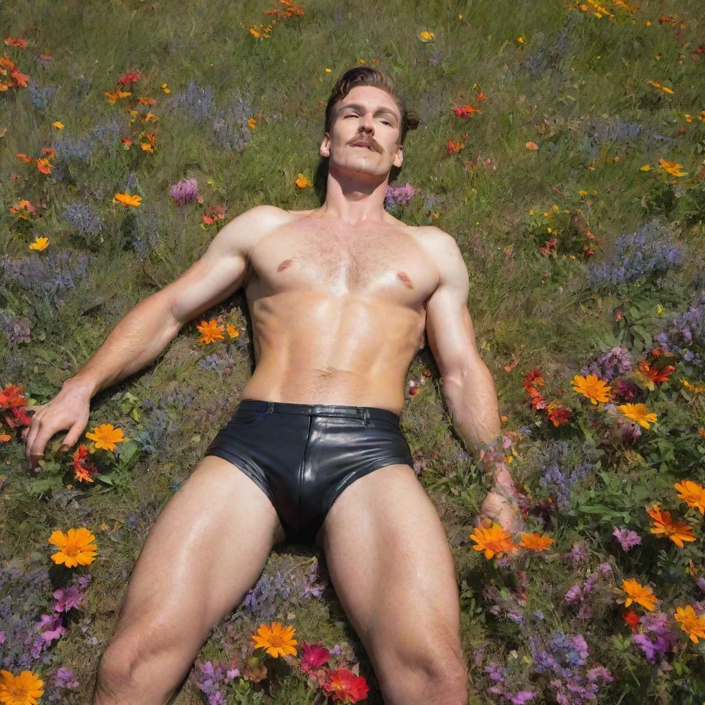 aiartstation art shirtless man lying floor in colorful meadow tom of finland style confident engaging wow 3
