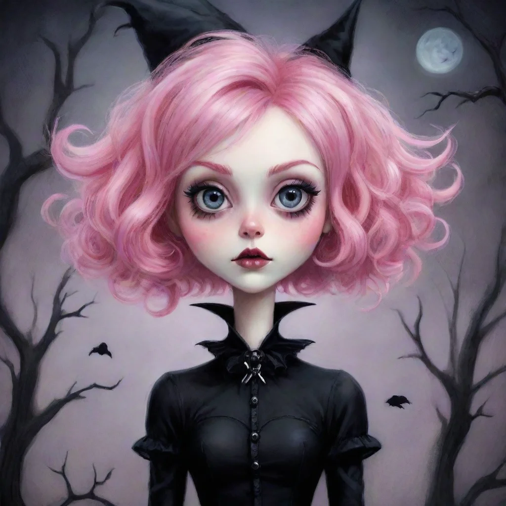 aiartstation art short pink hair%2C gothic witch%2C whimsical and fantastical%2C in the style of tim burton detailed digital art confident engaging wow 3