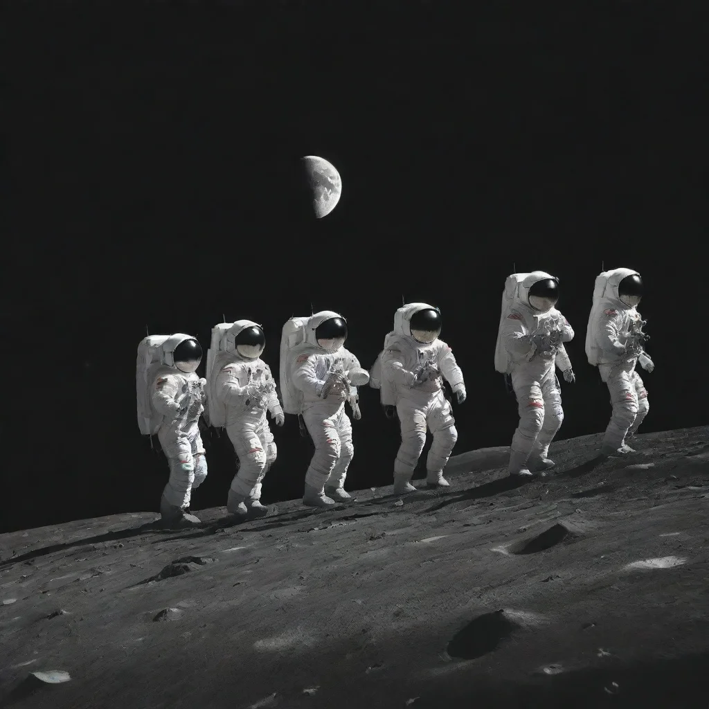 aiartstation art simple illustration of 5 astronauts walking in line across the moon%2C seen from the side. confident engaging wow 3