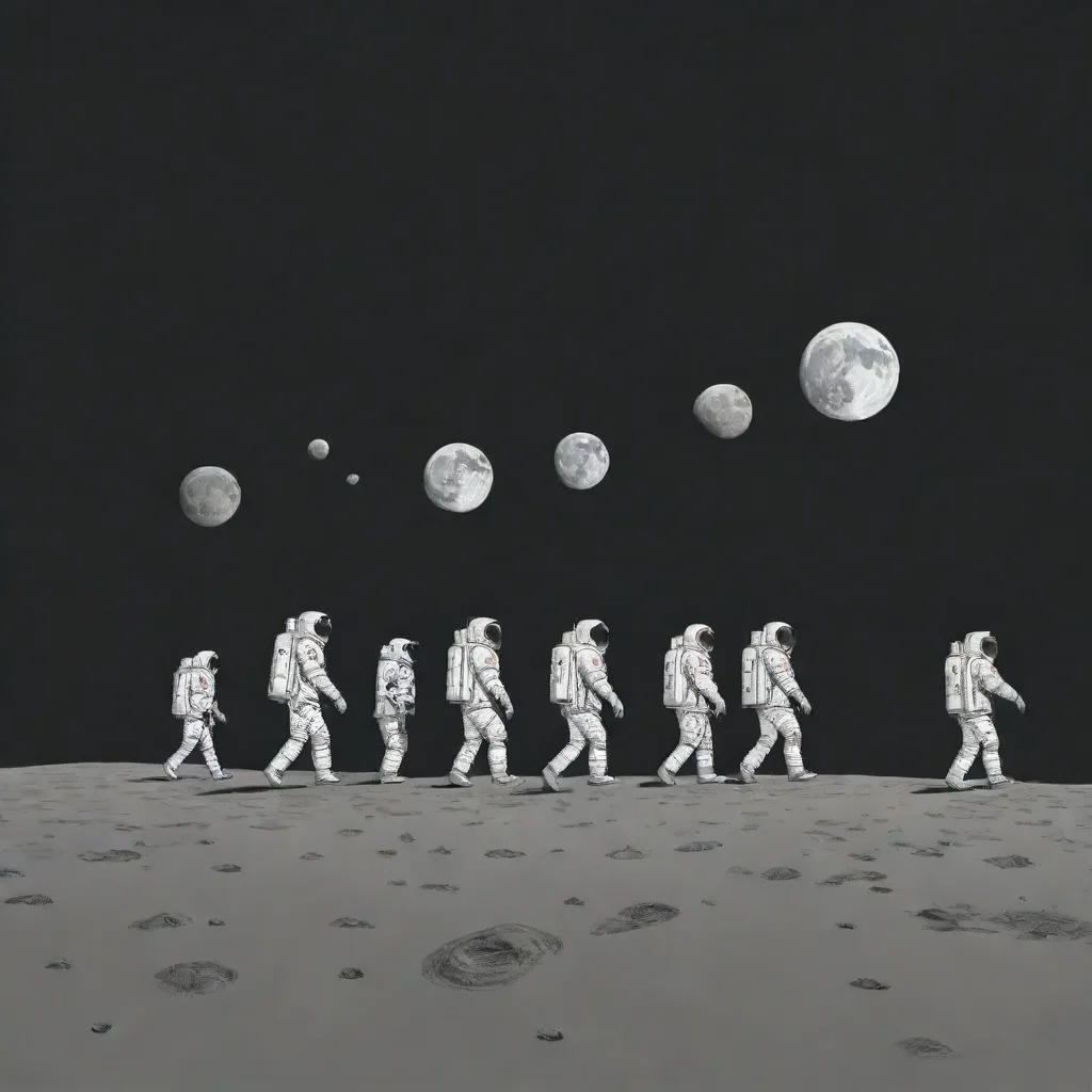 aiartstation art simple illustration of 5 astronauts walking in line across the moon%2C seen from the side. style is outline art%2C similar to a comic. white background. confident engaging wow 3