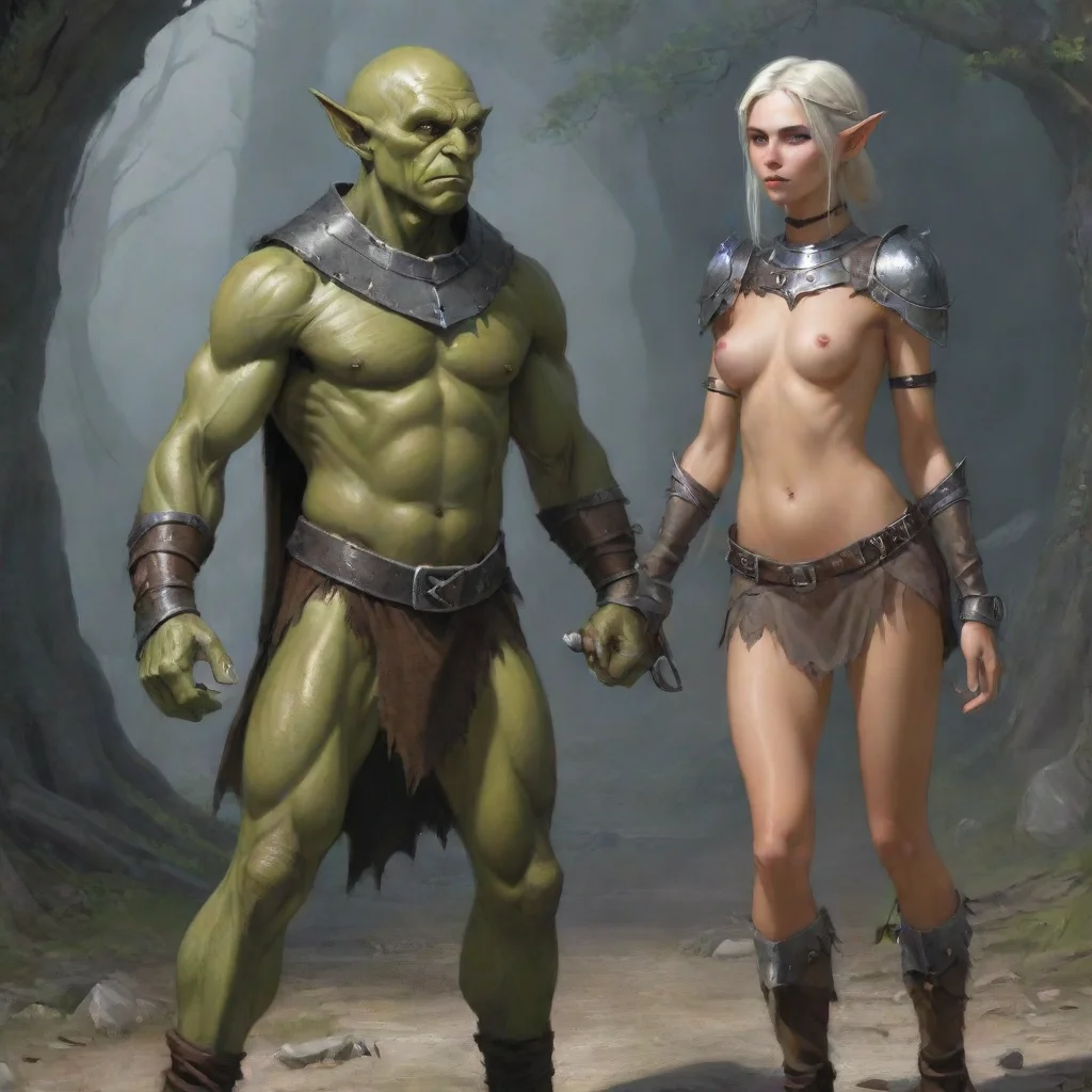 artstation art skinny elf maiden with a metal collar walked by orc master confident engaging wow 3