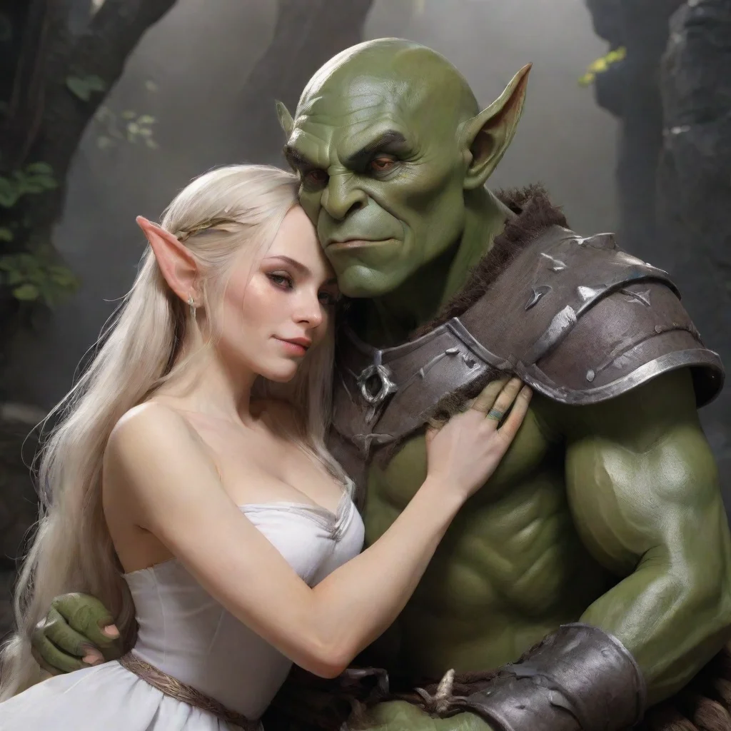 artstation art skinny elven maid cuddles with orc king confident engaging wow 3