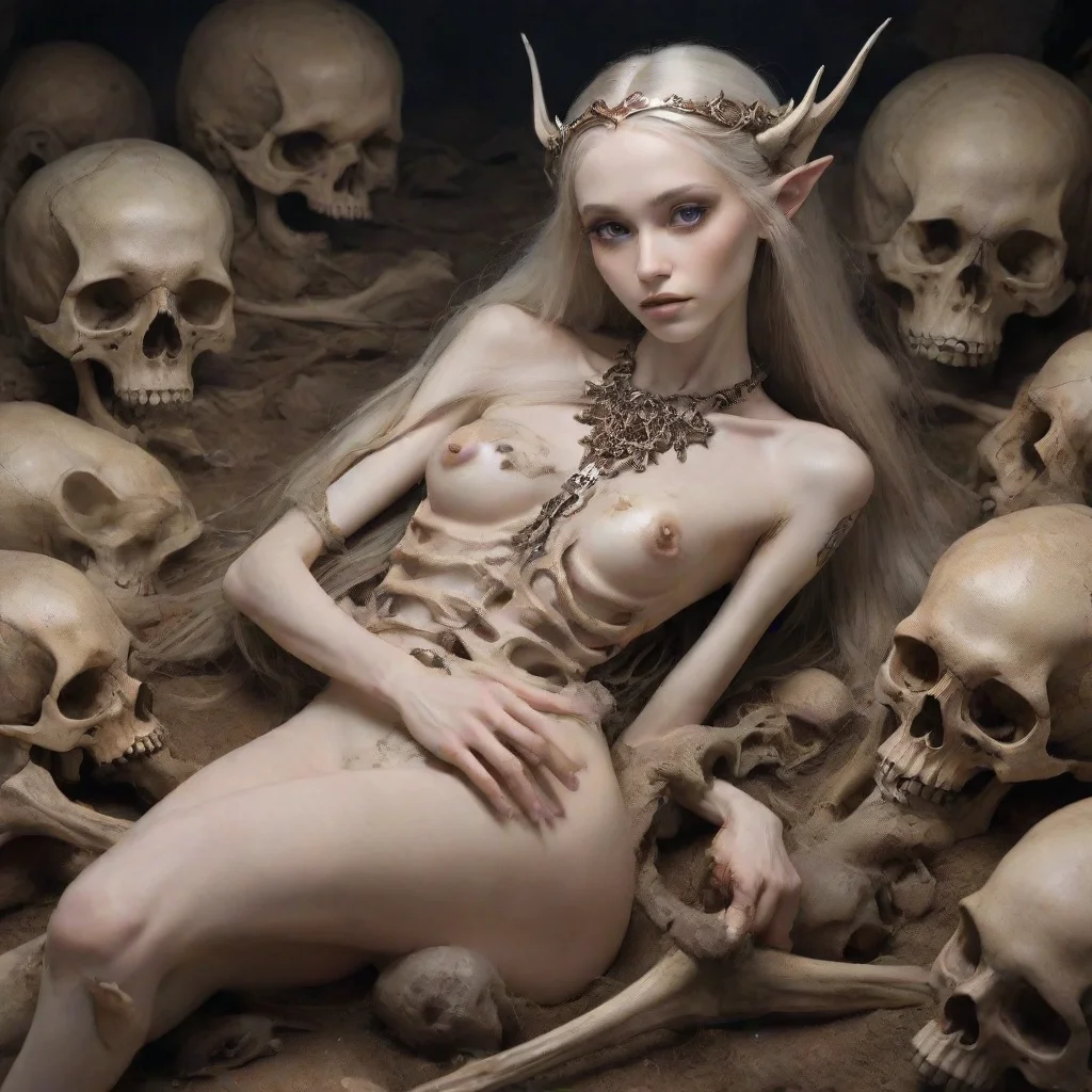 aiartstation art skinny elven princess lays on bones and skulls confident engaging wow 3