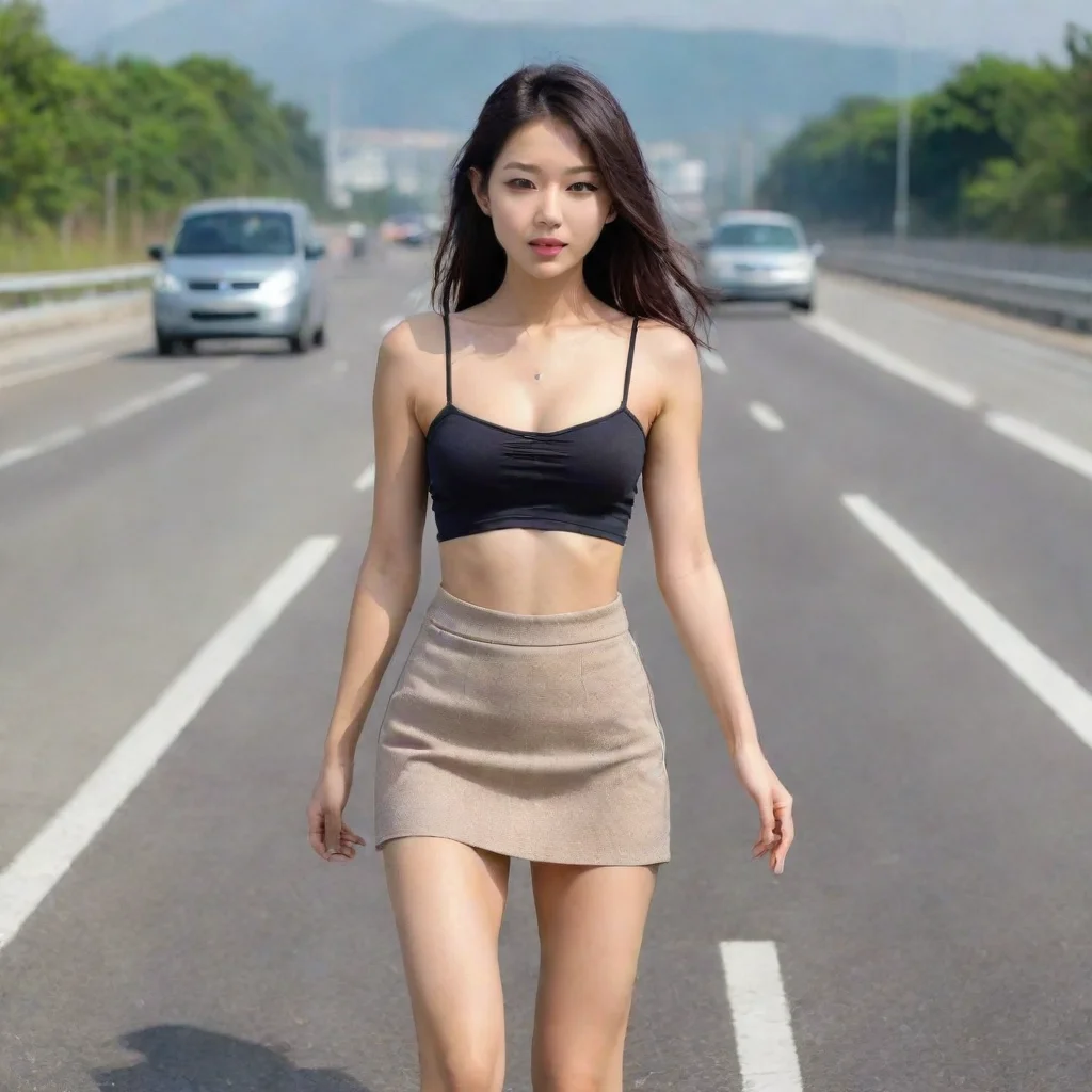 artstation art slim asian babe wearing open top and mini skirt lifting on highway confident engaging wow 3