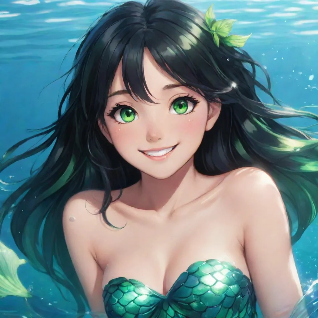 aiartstation art smiling anime anime mermaid with black hair and green eyes confident engaging wow 3