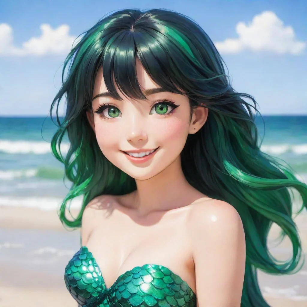 aiartstation art smiling anime anime mermaid with black hair and green eyes on the beach confident engaging wow 3