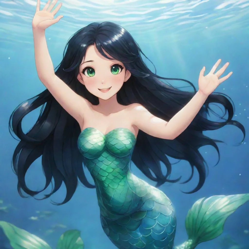 aiartstation art smiling anime anime mermaid with black hair and green eyes waving confident engaging wow 3