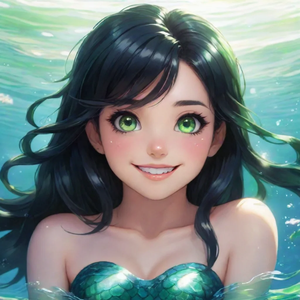 aiartstation art smiling anime mermaid black hair green eyes confident engaging wow 3
