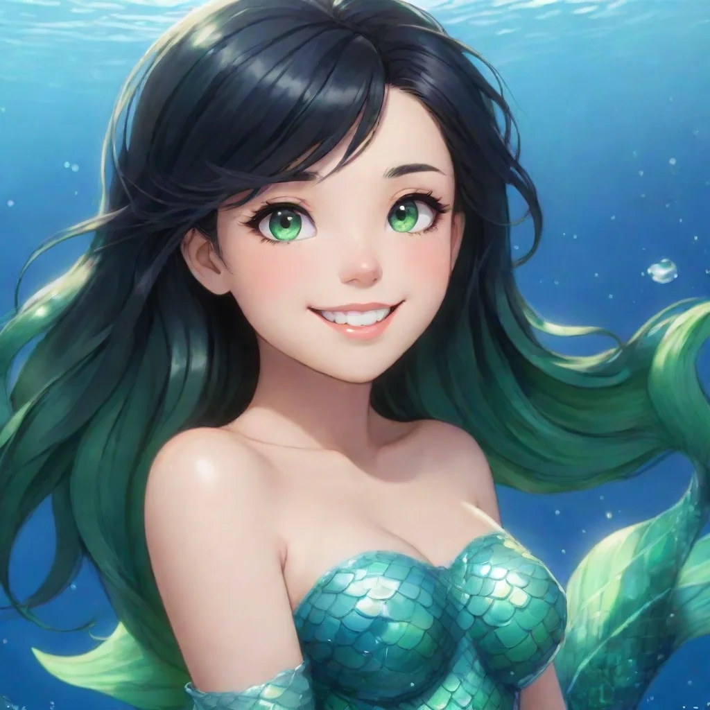 aiartstation art smiling anime mermaid with black hair and green eyes confident engaging wow 3