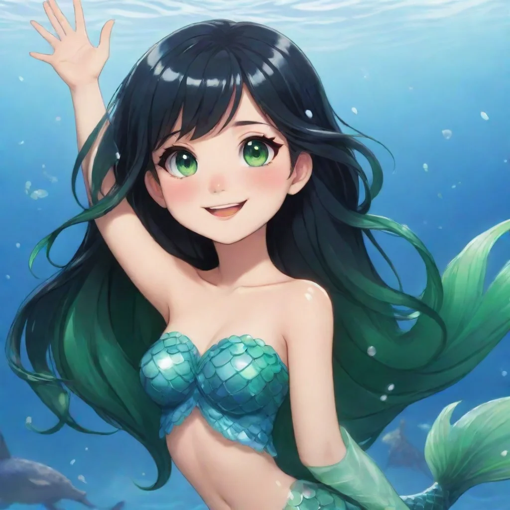 aiartstation art smiling anime mermaid with black hair and green eyes waving confident engaging wow 3
