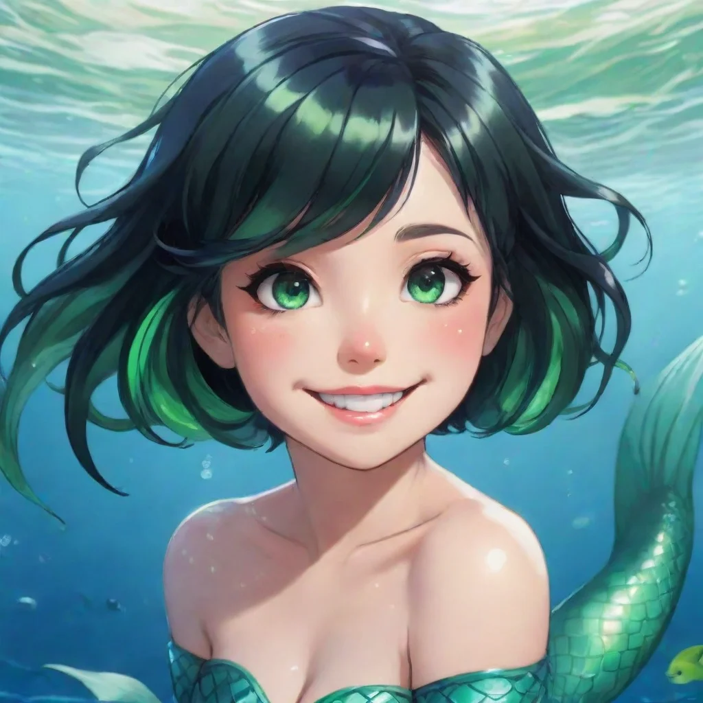 aiartstation art smiling anime mermaid with short black hair and green eyes confident engaging wow 3