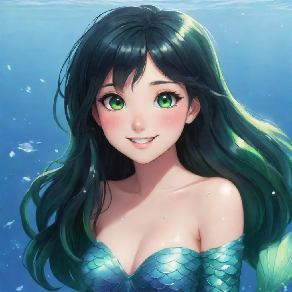 aiartstation art smilng anime mermaid with black hair and green eyes blushing confident engaging wow 3