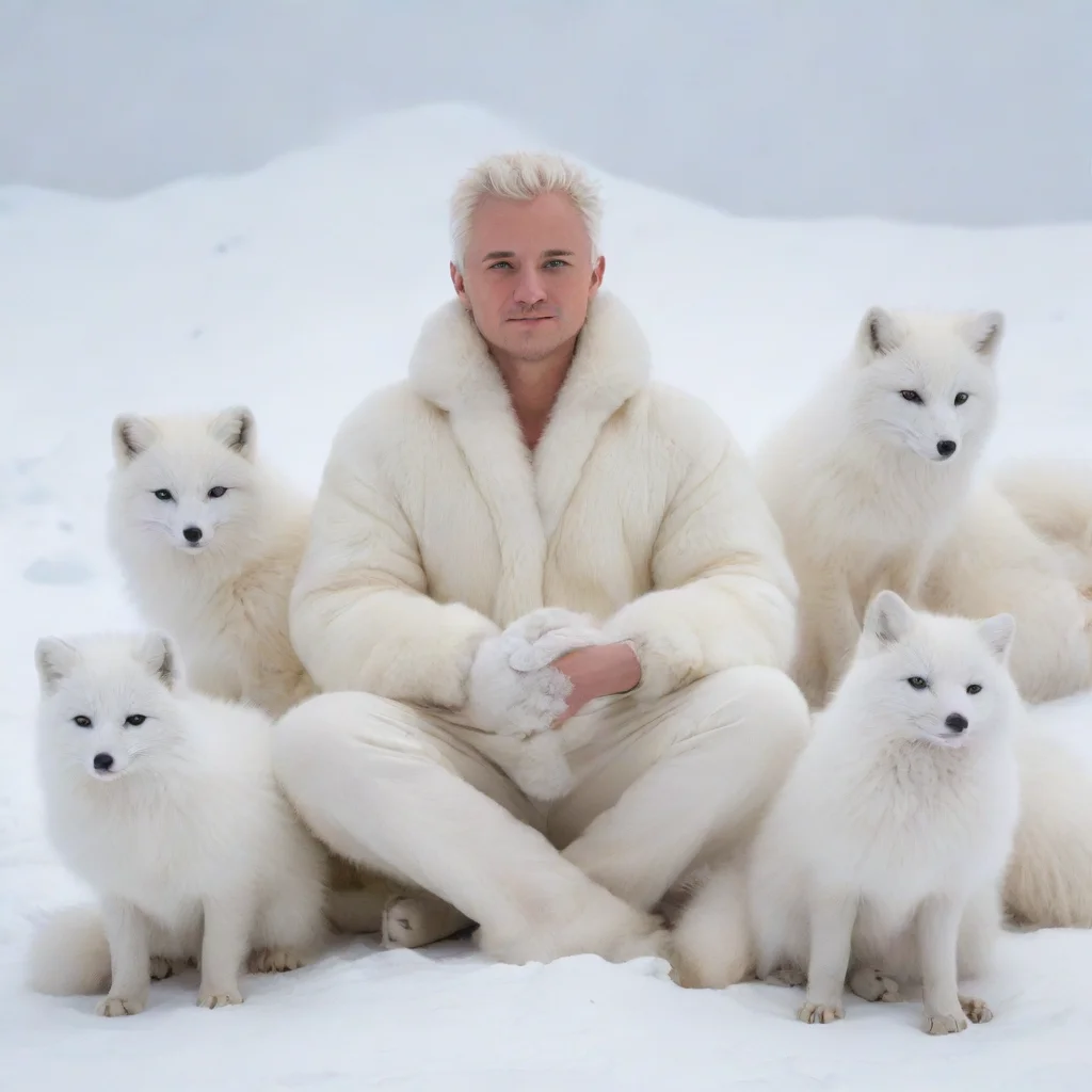 aiartstation art snowy background%2C human male in a white arctic fox fursit sitting with other arctic foxes confident engaging wow 3