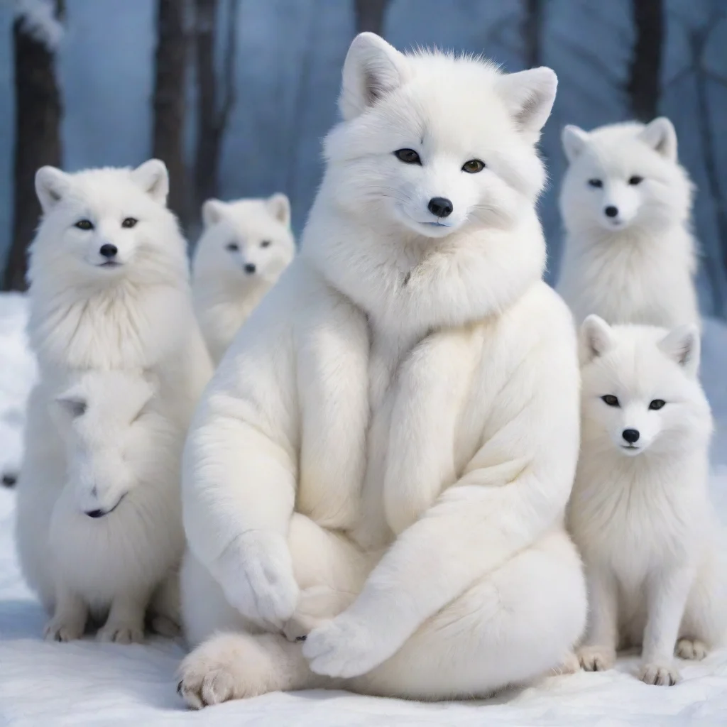 aiartstation art snowy background%2C human male in a white arctic fox fursuit sitting with other arctic foxes confident engaging wow 3