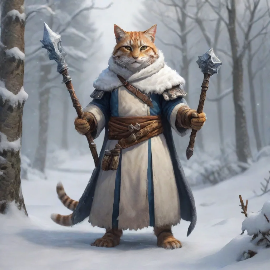 aiartstation art snowy tabaxi cleric%2C full length%2C holding a mace%2C winter forests confident engaging wow 3