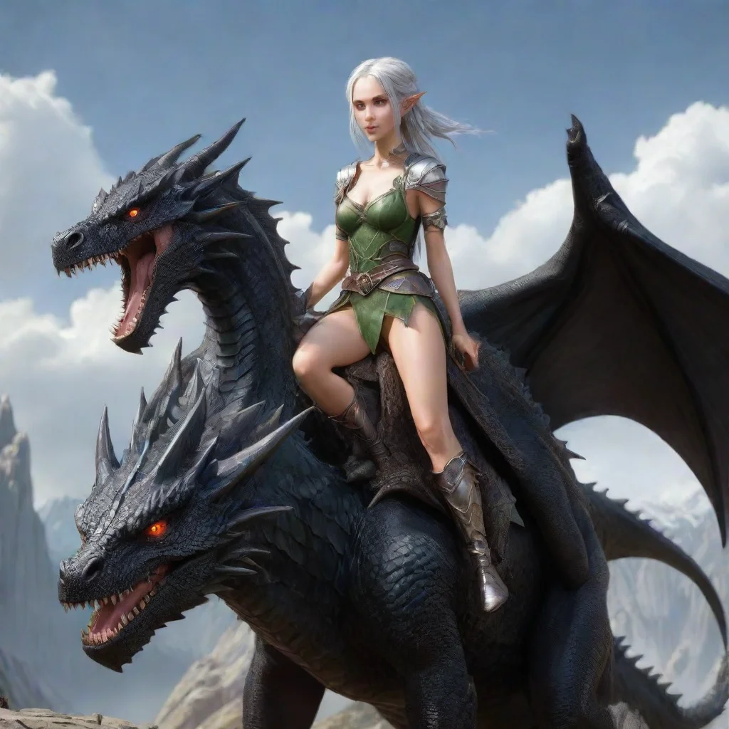 aiartstation art sporty slim high elf rides on a huge black dragon confident engaging wow 3
