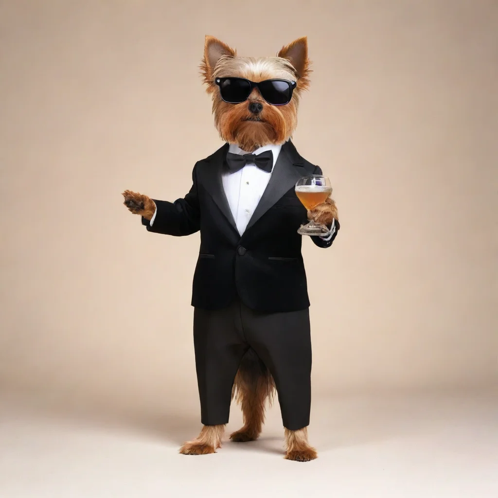 artstation art standing  on two feet yorkshire terrier dressed in a tuxedo wearing sunglasses holding one martini confident engaging wow 3