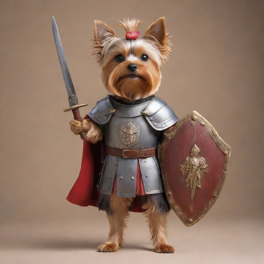 artstation art standing  yorkshire terrier as a roman legionaire with gladius and roman shield confident engaging wow 3