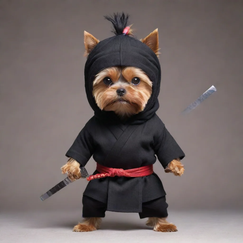 artstation art standing fierce yorkshire terrier dressed as a  ninja with covered head only eyes holding a long  katana with both hands confident engaging wow 3