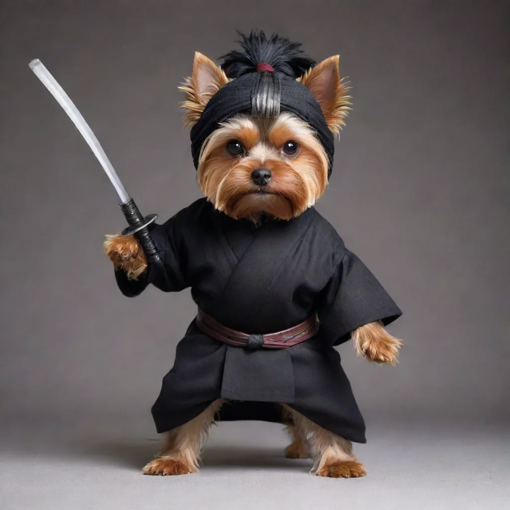 artstation art standing fierce yorkshire terrier dressed as a hollywood ninja with covered head holding a long  katana with both hands confident engaging wow 3