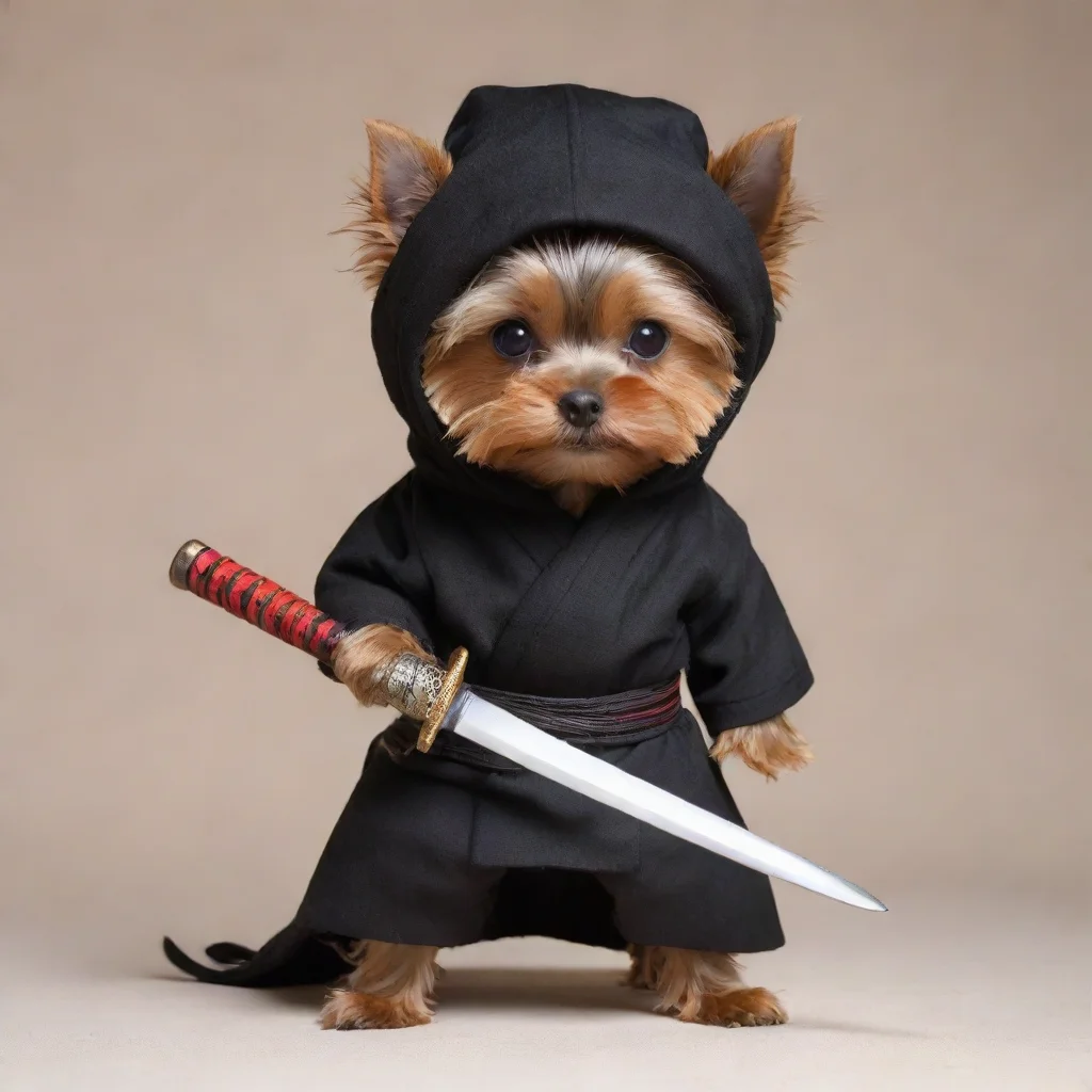 artstation art standing yorkshire terrier dressed as a hollywood ninja with covered head holding a katana confident engaging wow 3