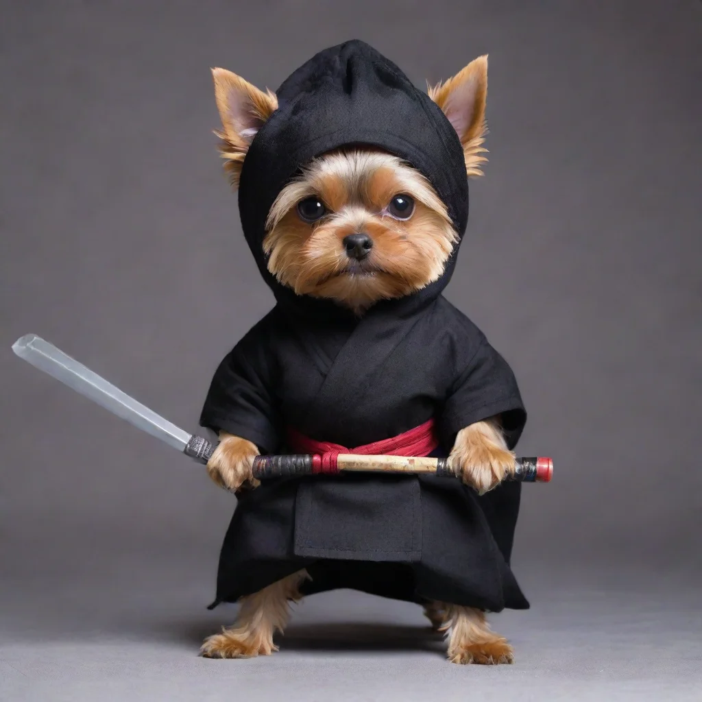 artstation art standing yorkshire terrier dressed as a hollywood ninja with covered head holding a katana with menacing position confident engaging wow 3