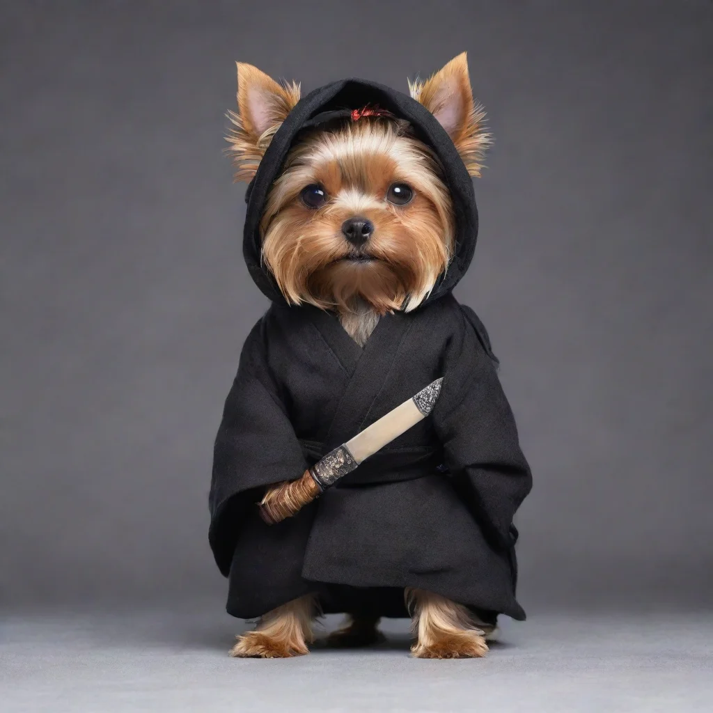aiartstation art standing yorkshire terrier dressed as a hollywood ninja with covered head holding a katana with war position confident engaging wow 3