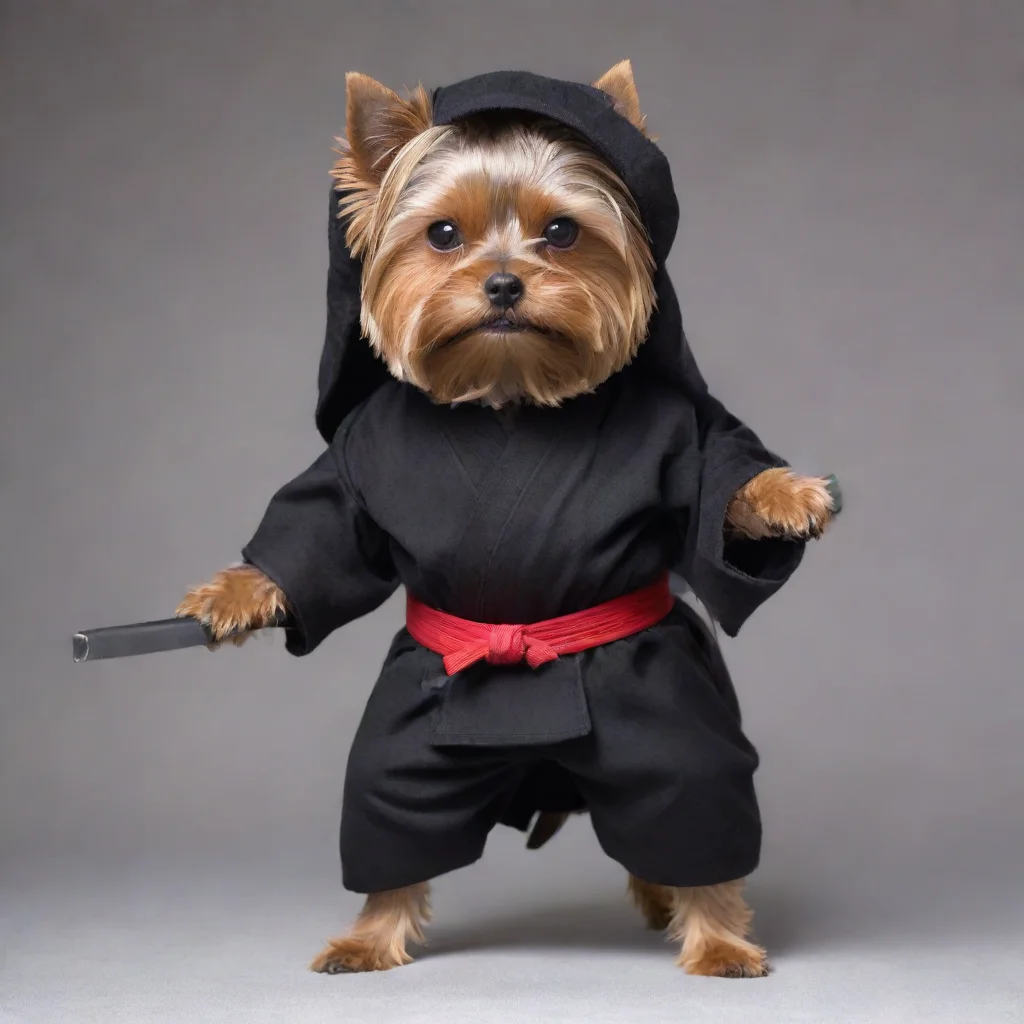 aiartstation art standing yorkshire terrier dressed as a hollywood ninja with covered head holding a long  katana with two hands  war position confident engaging wow 3