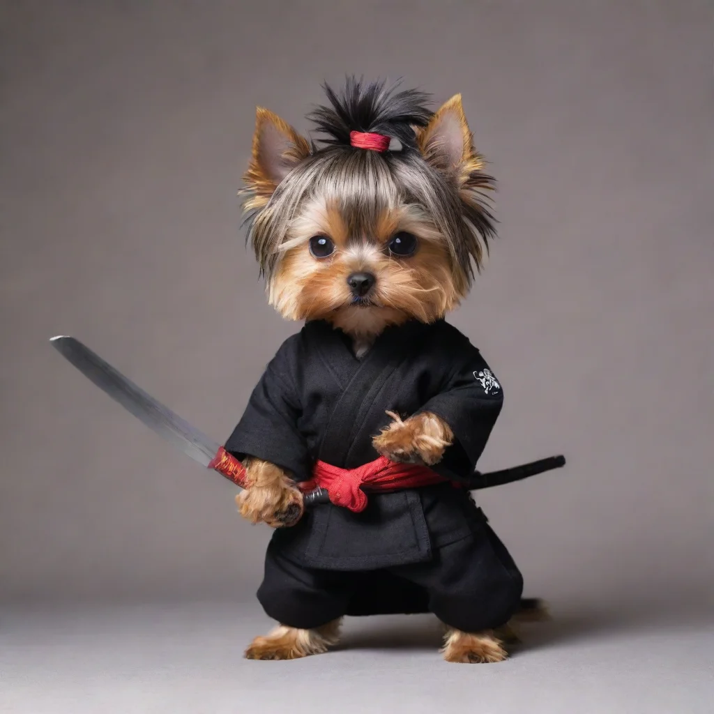 artstation art standing yorkshire terrier dressed as a ninja holding a katana confident engaging wow 3