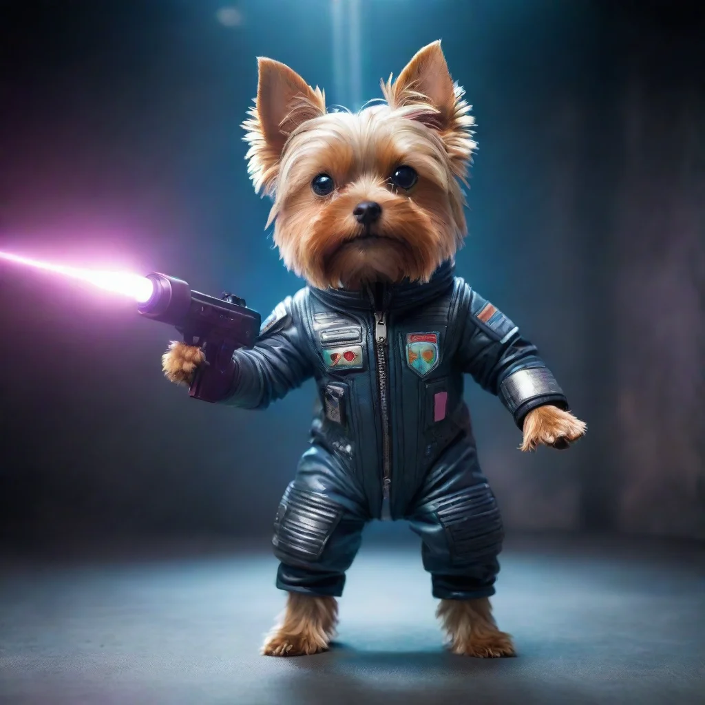 artstation art standing yorkshire terrier in a cyberpunk space suit firing a laser confident engaging wow 3