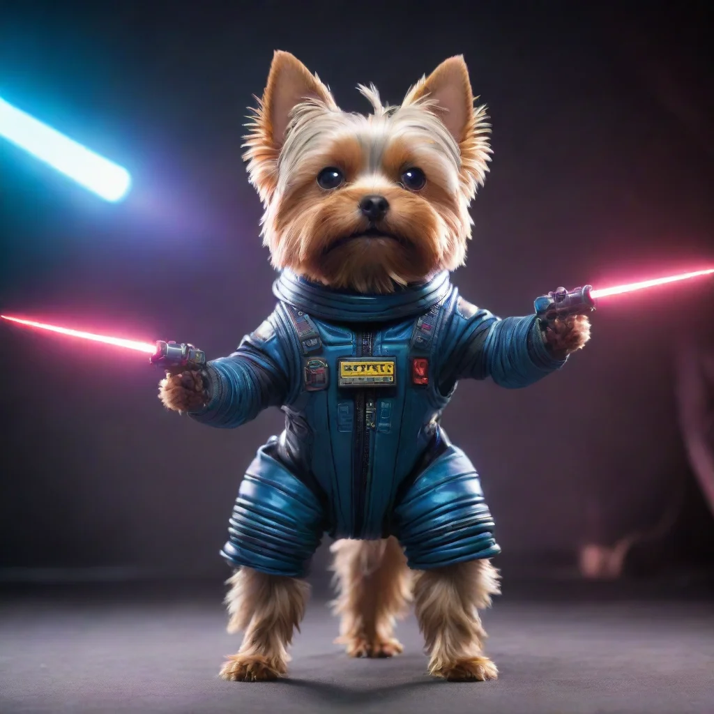 artstation art standing yorkshire terrier in a cyberpunk space suit firing n laser confident. confident engaging wow 3