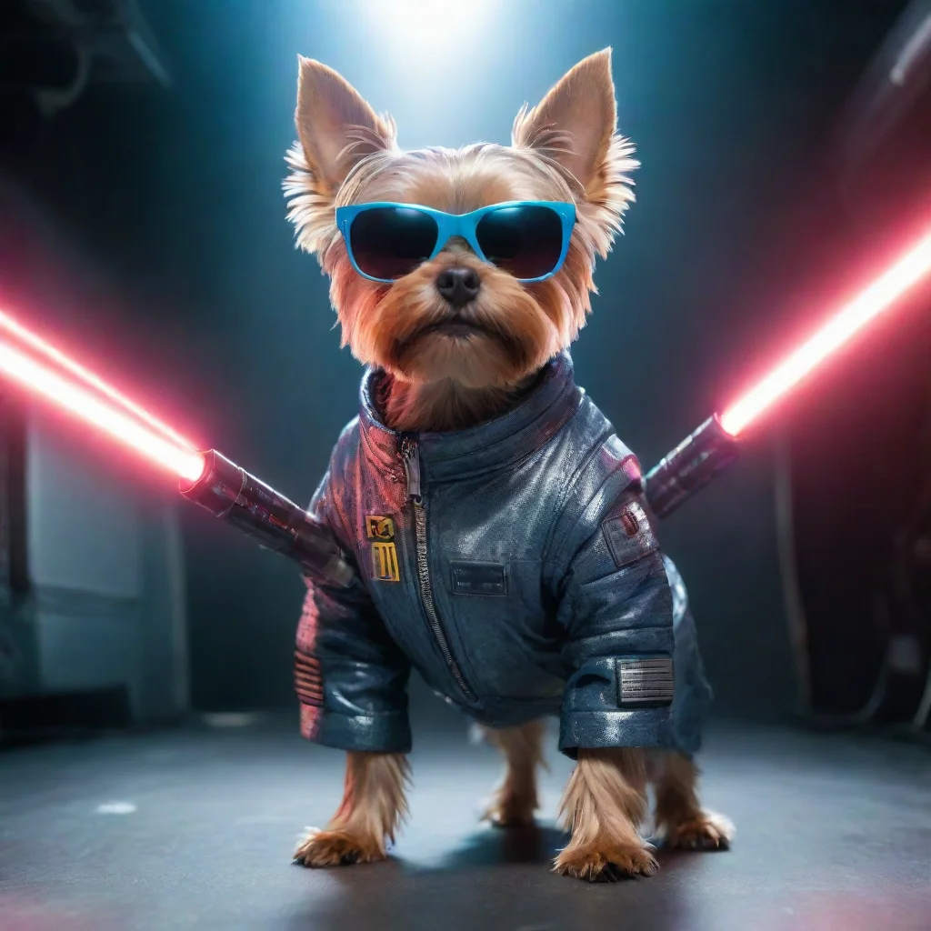 artstation art standing yorkshire terrier with sunglasses in a cyberpunk space suit firing a laser beam confident confident engaging wow 3