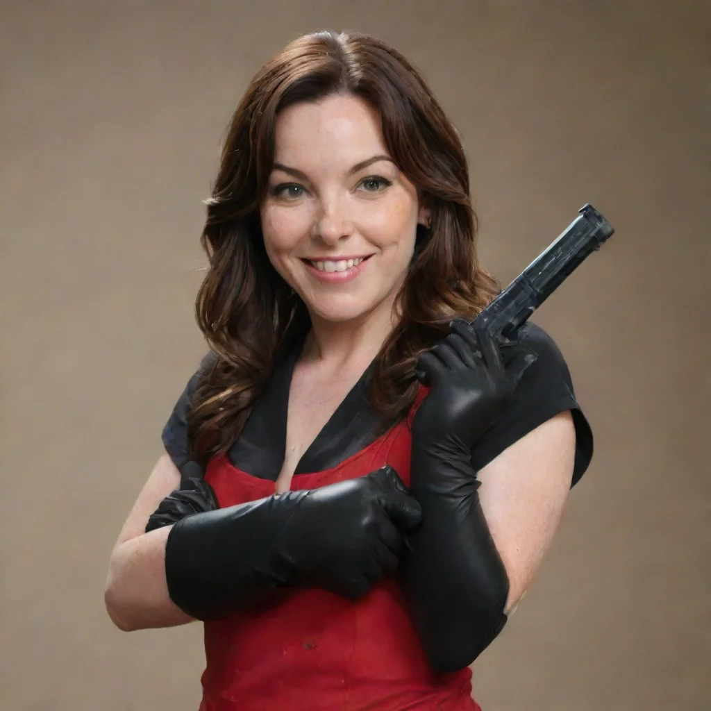 artstation art stephanie courtney from progressive auto insurance commercial smiling  with black nice nitrile gloves and gun and mayonnaise splattered everywhere confident engaging wow 3