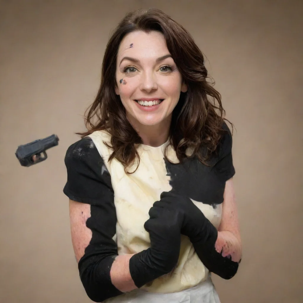 artstation art stephanie courtney smiling  with black  nitrile gloves and gun  and  mayonnaise splattered everywhere confident engaging wow 3