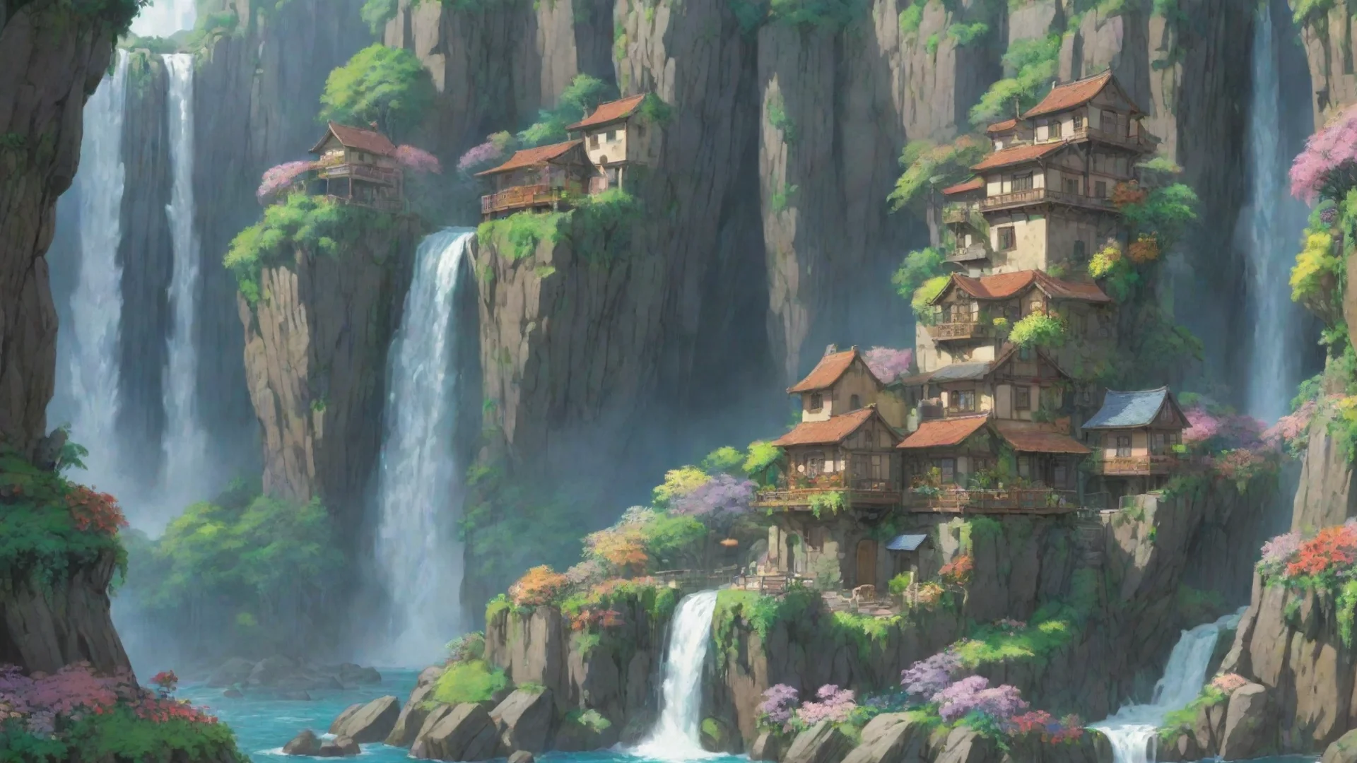 aiartstation art studio ghibli best award winning art environment sheer overhang cliff water fall city cute town with flowers hanging plants confident engaging wow 3 wide