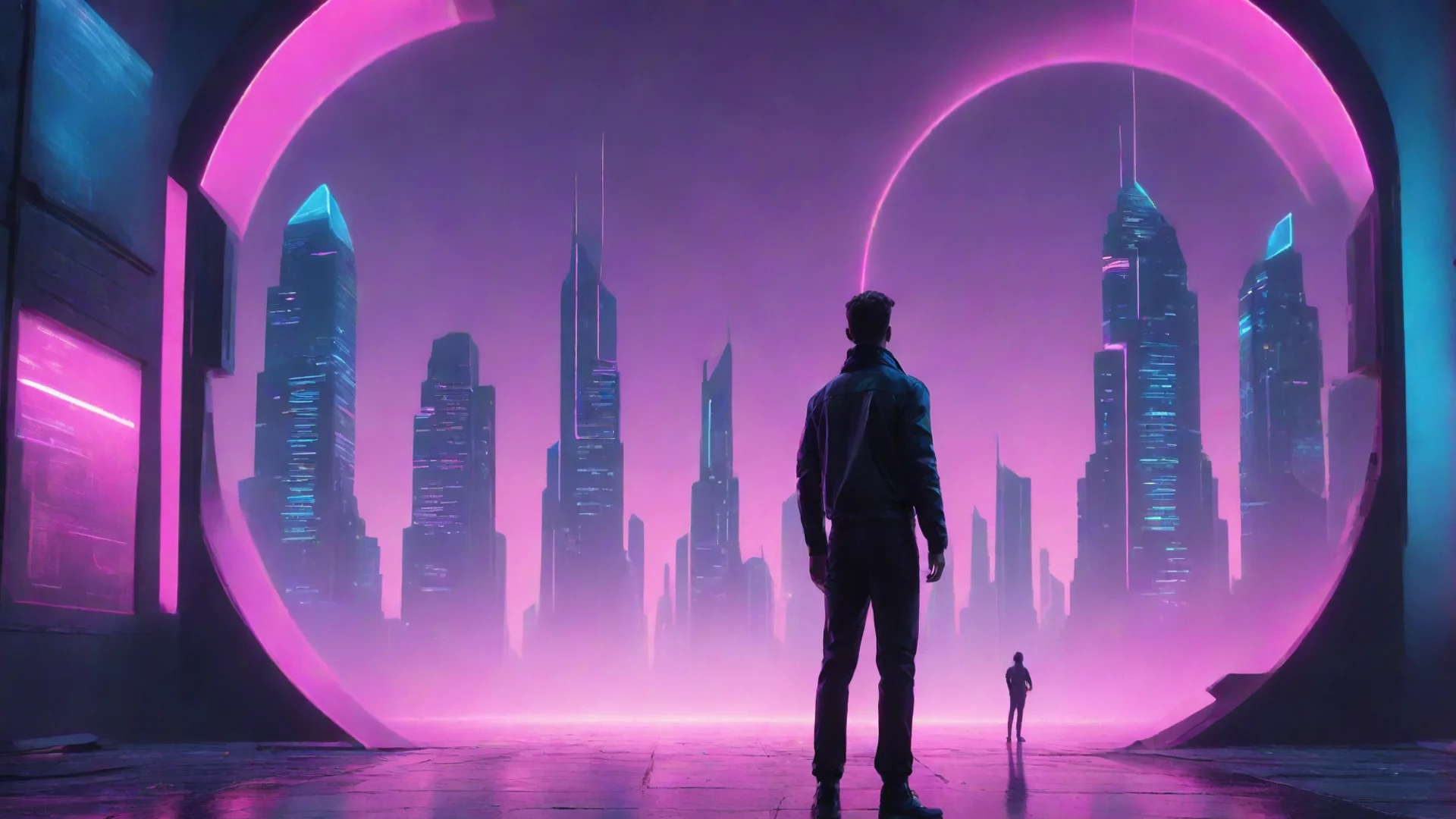 artstation art synthwave of a futuristic city and a man standing behind the portal confident engaging wow 3 wide