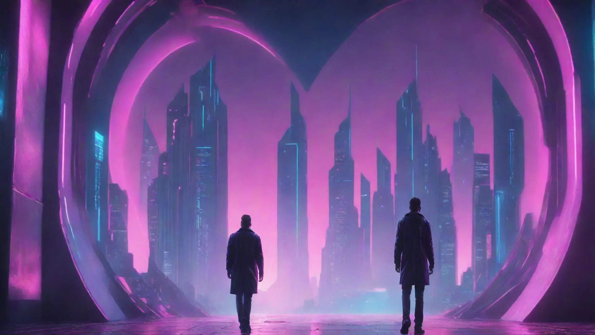 artstation art synthwave of a man standing behind the portal of the futuristic city confident engaging wow 3 wide