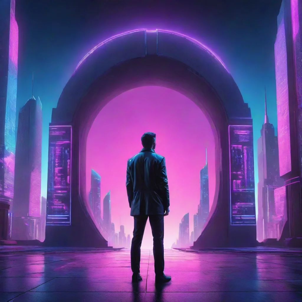 aiartstation art synthwave of a man standing behind the portal of the futuristic city confident engaging wow 3