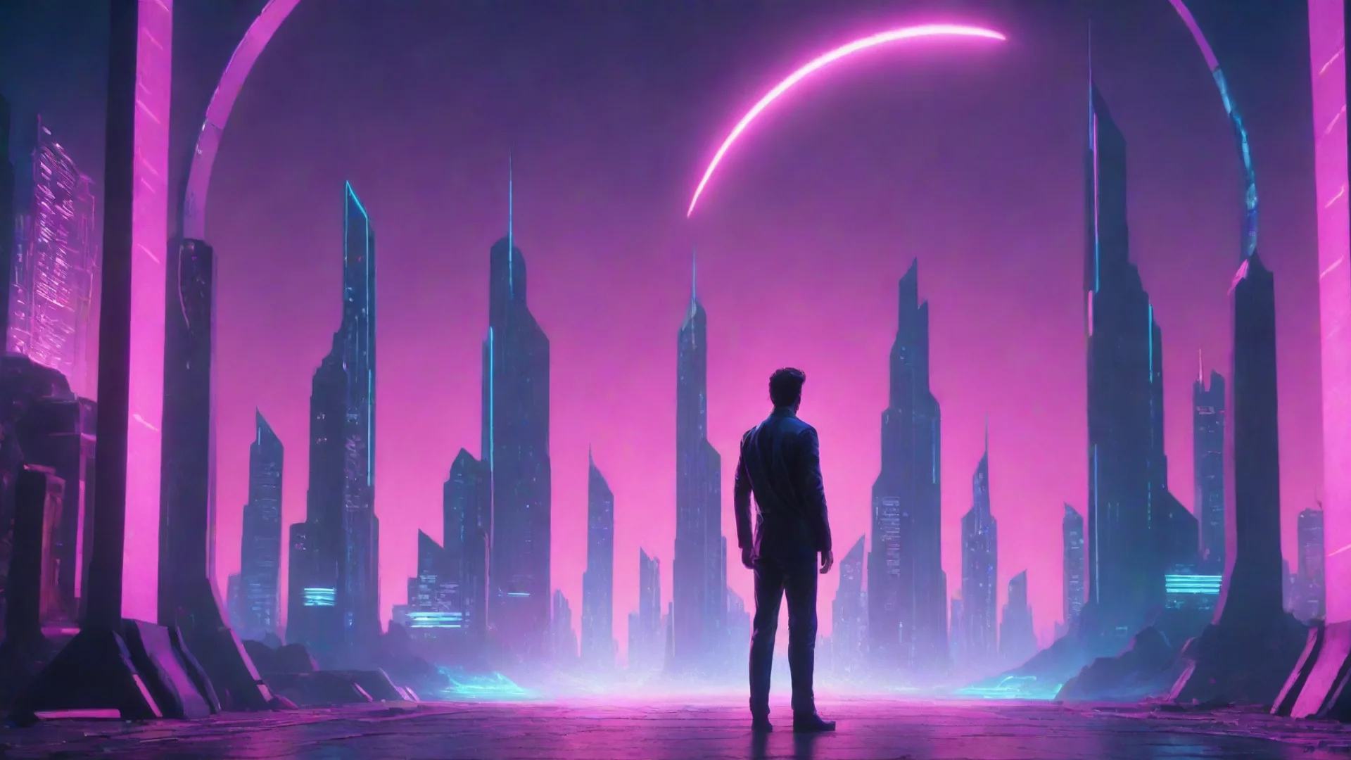 artstation art synthwave of one man standing behind the portal of the futuristic city confident engaging wow 3 wide