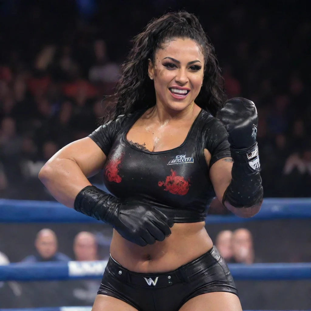 artstation art tamina wwe friday night smackdown 2020 smiling with black gloves and gun and mayonnaise splattered everywhere confident engaging wow 3