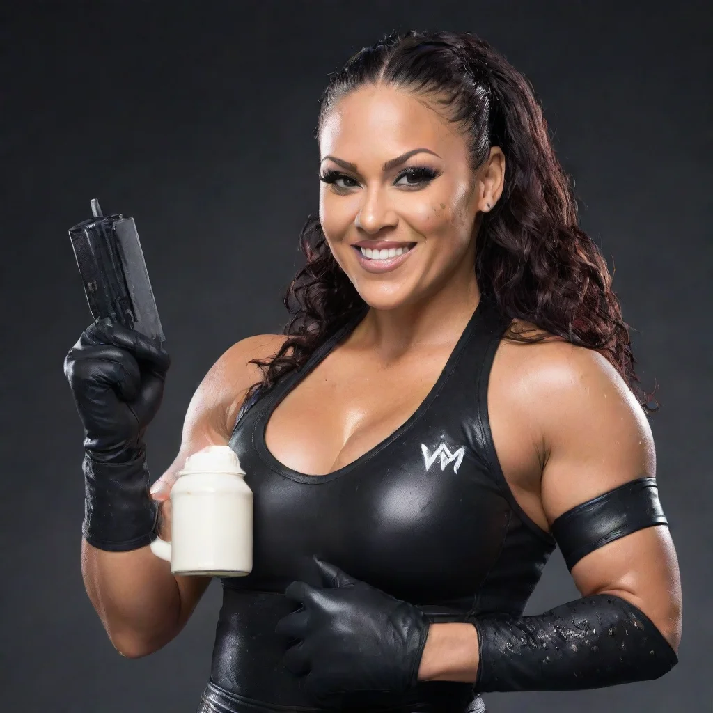 aiartstation art tamina wwe smiling with black gloves and gun and mayonnaise splattered everywhere confident engaging wow 3