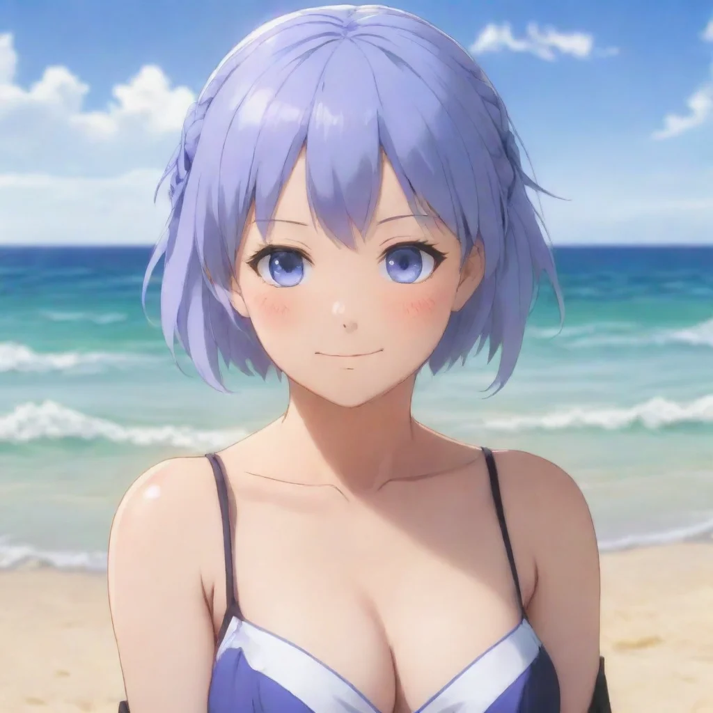 artstation art the character rem from re zero is on the beach with smug face reaction confident engaging wow 3