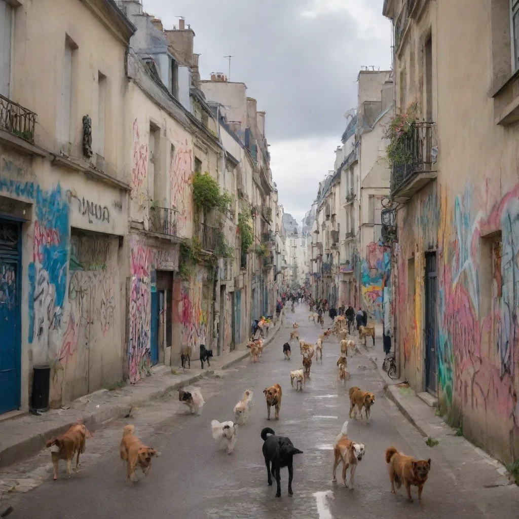 aiartstation art the city of paris with hundreds of happy dogs and cats running around%2C spraying graffity on the walls. confident engaging wow 3