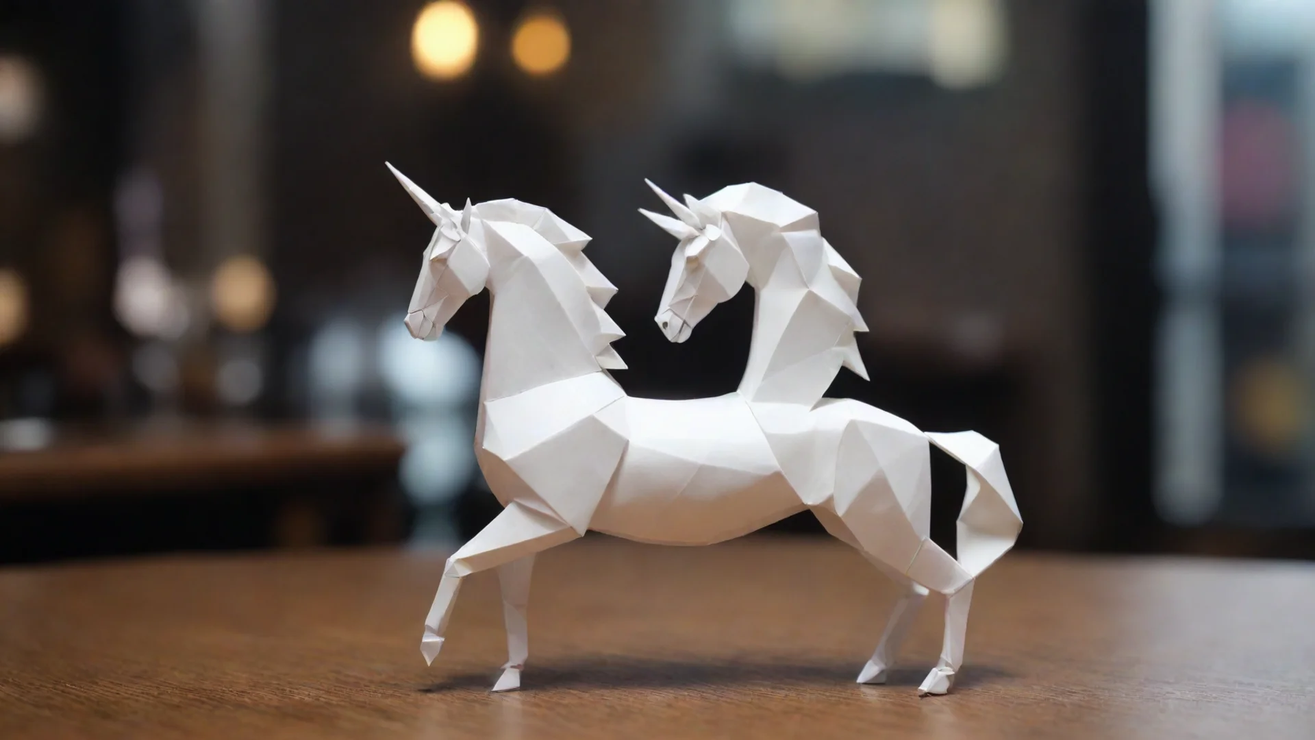 artstation art tiny full folded paper unicorn figure origami unicorn horse on a table cyberpunk crowded scifi bar gloomy melancholicult ai art generator confident engaging wow 3 wide