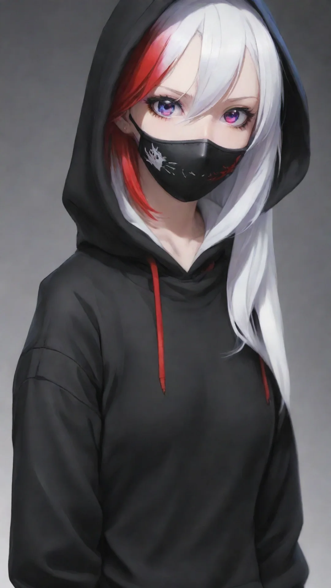 aiartstation art tokyo ghoul%2C multi color white and red hair%2C one kakugan eye%2C one blue eye%2C black hoodie%2C d cup%2C black half mask confident engaging wow 3 tall