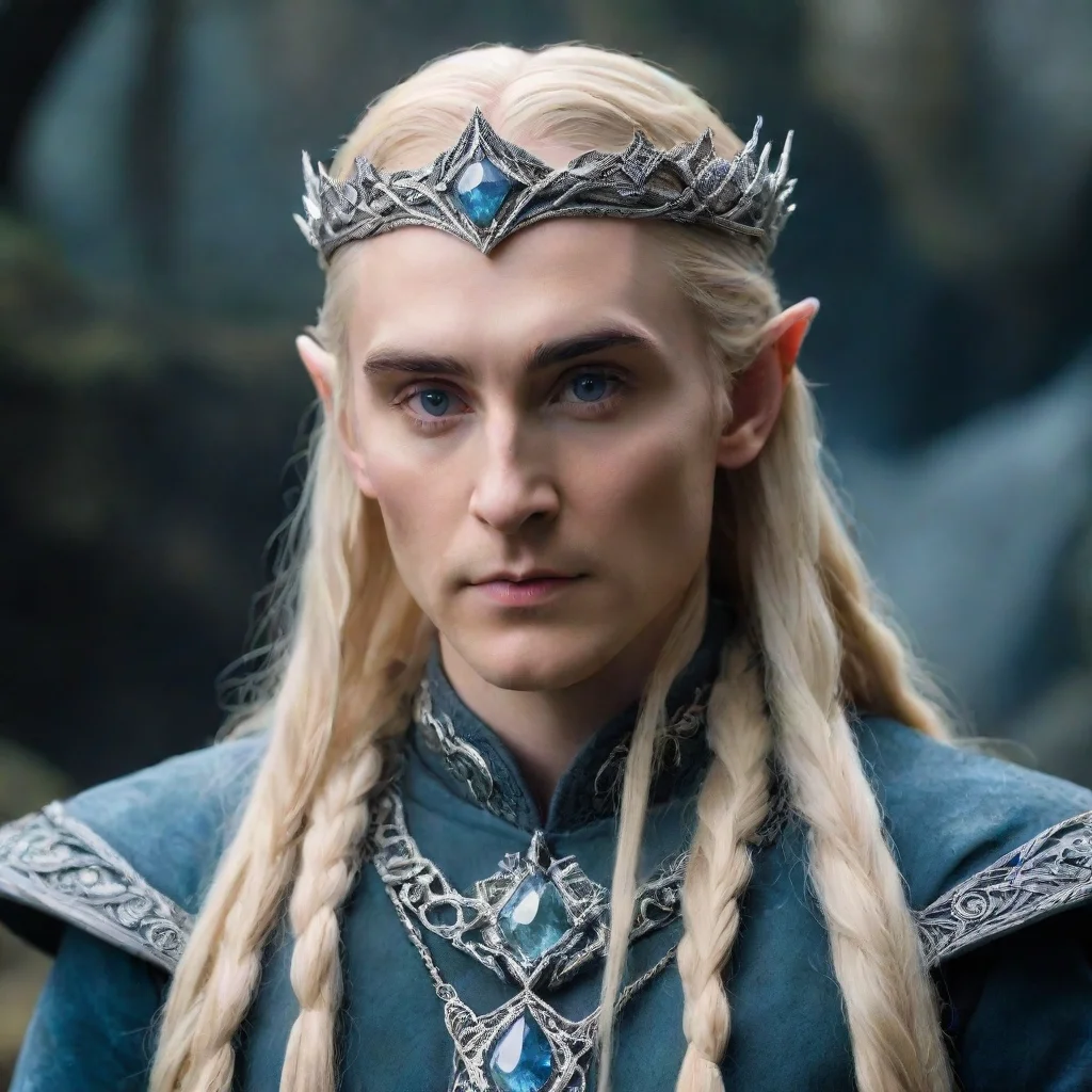 artstation art tolkien king thranduil with blond hair and braids wearing silver serpentine sindarin elvish circlet encrusted with diamonds with large center bluish diamond  confident engaging wow 3.
