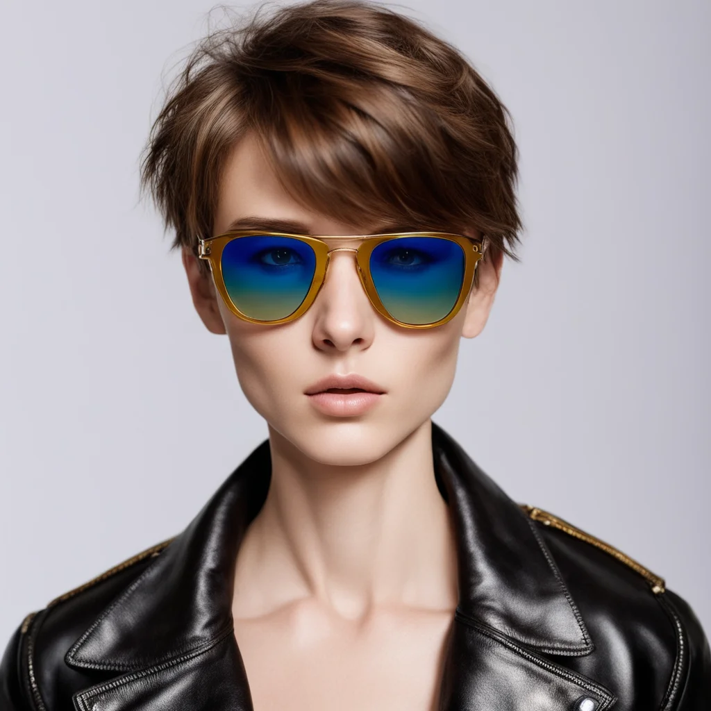 artstation art tomboy female short brown hair with silver blue eyes and leather jacket with golden frame sunglasses  confident engaging wow 3
