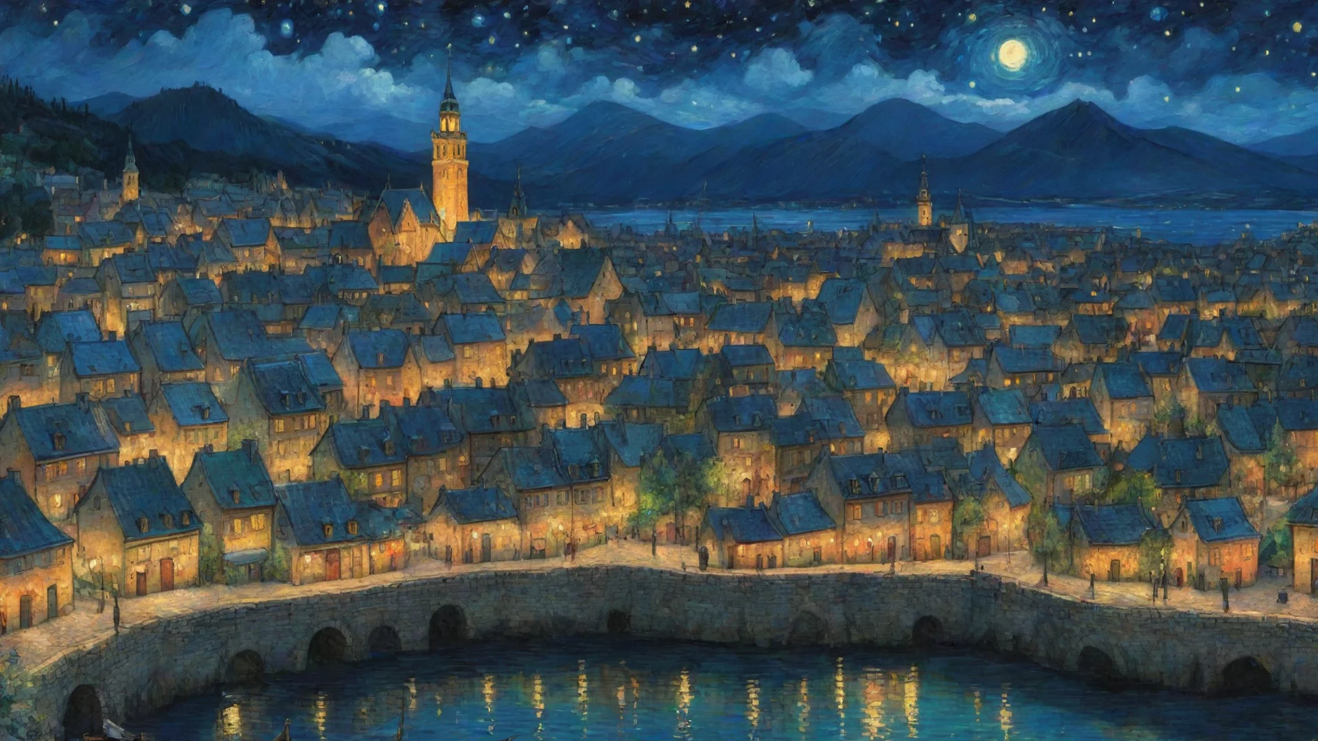aiartstation art town lit up at night sky epic lovely artistic ghibli van gogh happyness bliss peace  detailed asthetic hd wow confident engaging wow 3 wide