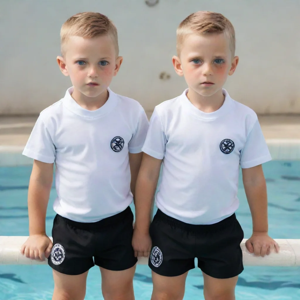 aiartstation art twin boys at swimming pool indoctrinated by hydra agents into compliant neo nazi fitness cultist boys with white gym shirts and amber eyes confident engaging wow 3